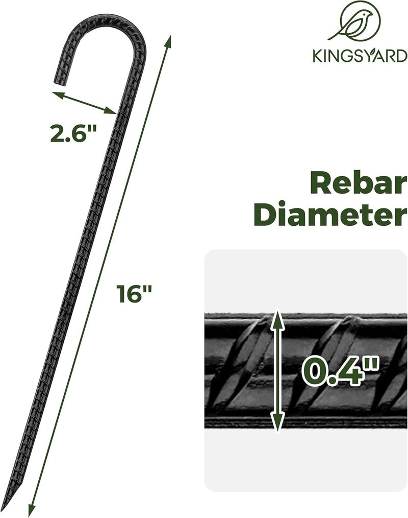 Kingsyard 8 Pack 16 Inch Galvanized Steel Metal J Hook Rebar Stakes, 0.4 inch Diameter Ground Anchors Heavy Duty Tent Stakes, Trampolines Stakes, Chain Link Fence Stakes, Black - Image 2